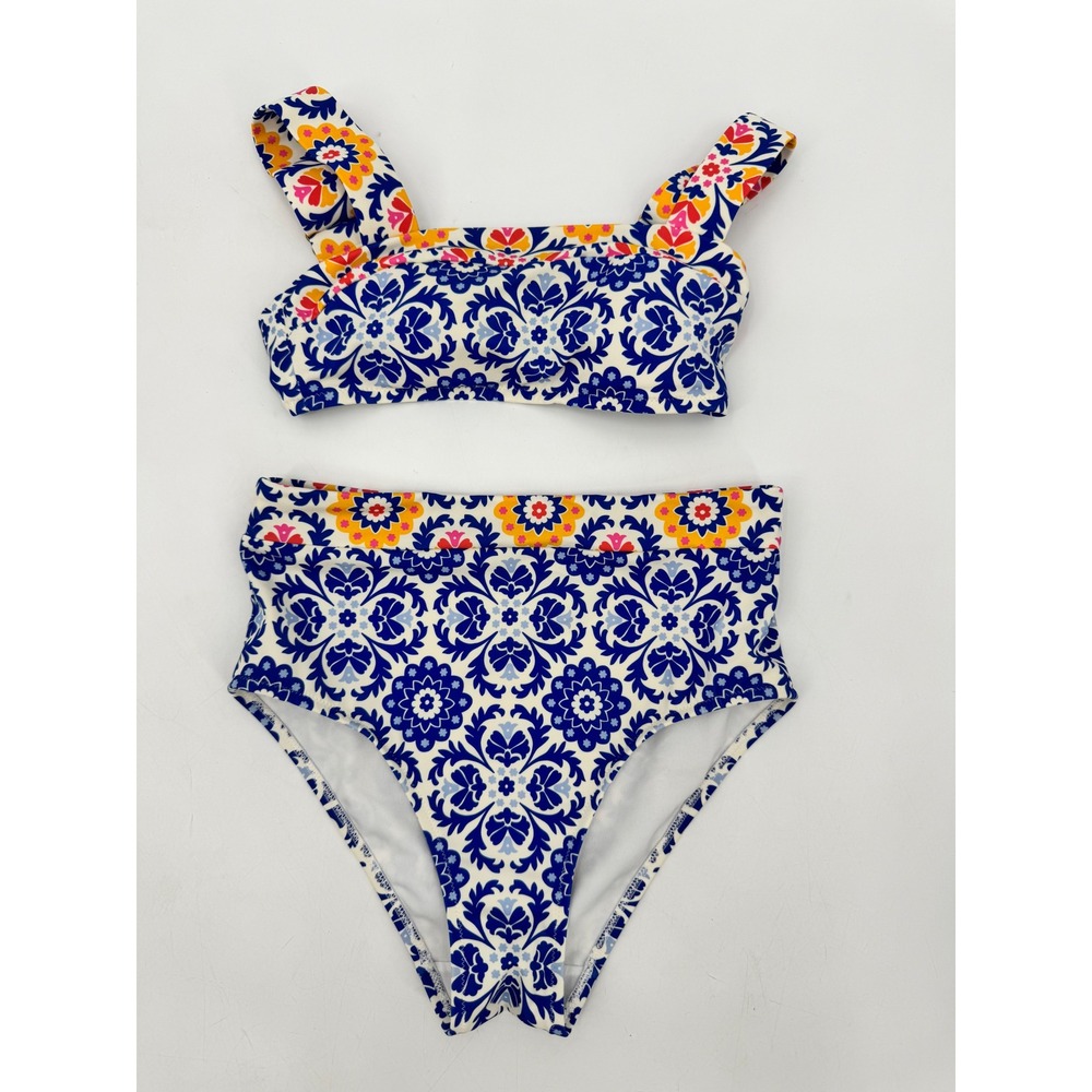 Boden Bikini Swimsuit Women 2 Blue White Floral Medallion‎ High Waist Set